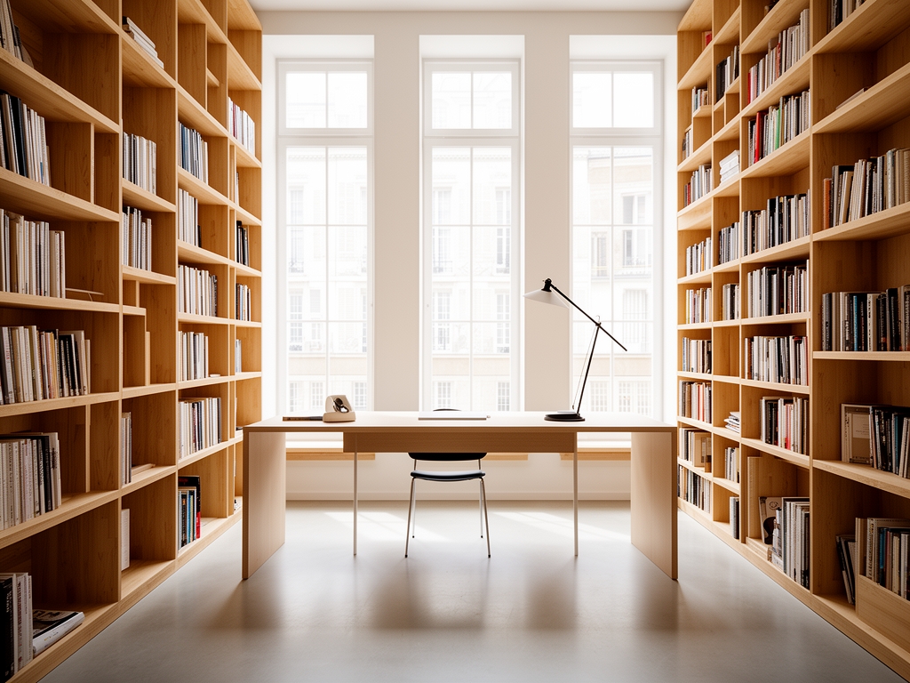 Espace de travail épuré et lumineux avec de grandes bibliothèques en bois clair remplies de livres, bureau minimaliste avec une lampe architecturale, lumière naturelle traversant de hautes fenêtres, atmosphère studieuse et sereine d'un centre de recherche moderne
