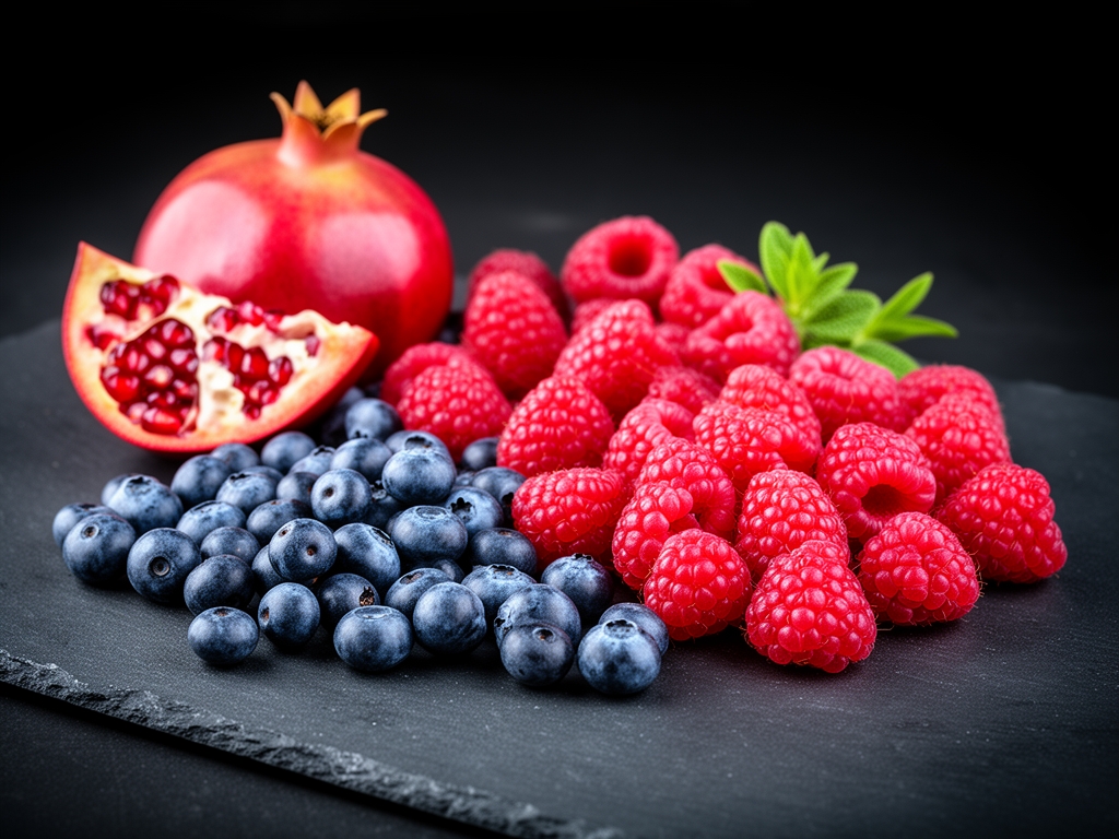 Assortiment de fruits rouges frais — myrtilles, framboises et grenades — disposés sur une ardoise sombre avec un éclairage dramatique mettant en valeur leurs couleurs vives