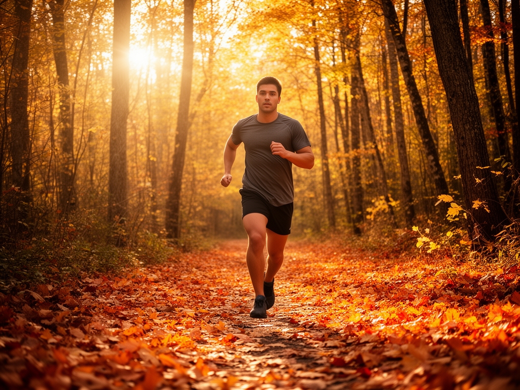Personne marchant à vive allure sur un chemin forestier automnal, feuilles orangées et dorées au sol, lumière dorée filtrant entre les arbres, représentant le mouvement actif dans la nature